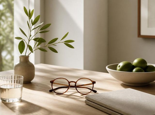 Læsebriller på et lyst træbord med grøn plante - symbol på øjensundhed og aldring