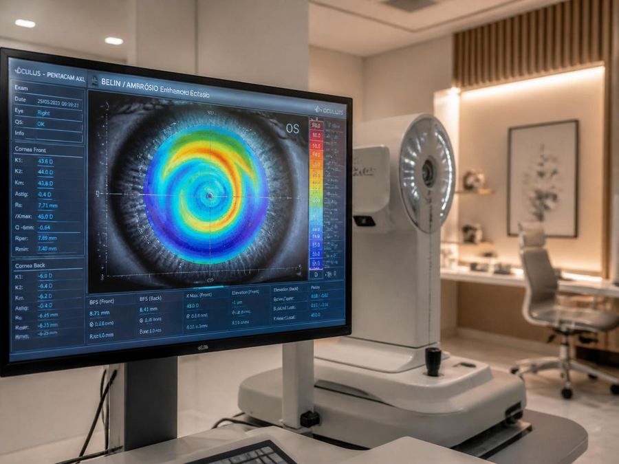 Avanceret diagnostikudstyr med cornealtopografi og hornhindekortlægning på skærm - anvendes til grundig øjenkonsultation hos Maison La Vue