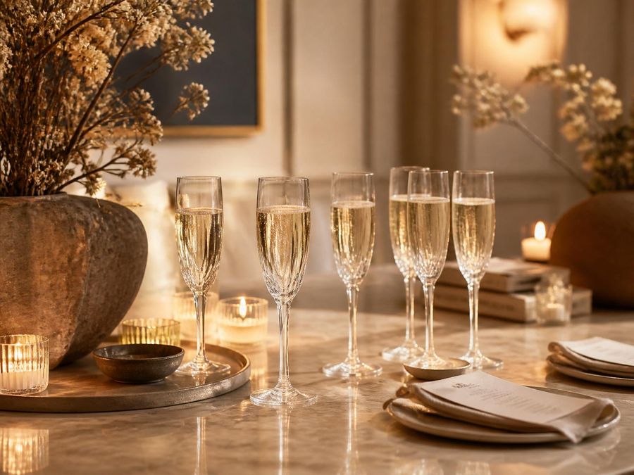 Champagneglas dækket op på bord til Maison La Vues salonaften - intim ramme for faglig samtale om syn og longevity